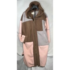 Oli & Hali Colorblock Fleece Patchwork Hooded Long Coat Jacket Women S M